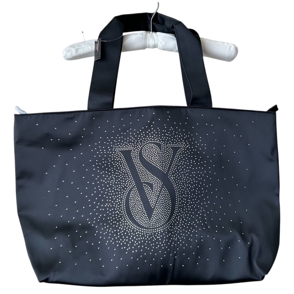 Victoria's Secret Black Bag Rhinestone VS Zipper Large Handle 2 Inner Pocket NWT
